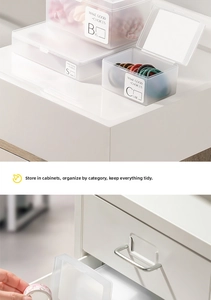 Frosted plastic organizer boxes in big, short, and cube sizes for drawer storage