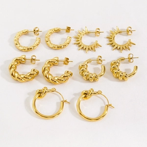 Set of five 14K gold plated stainless steel C-shaped hoop earrings with textured designs