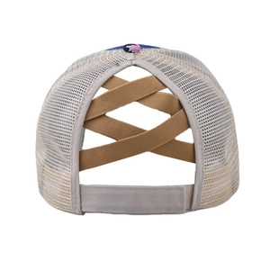 Grey mesh ponytail baseball cap with khaki criss-cross elastic bands and velcro strap