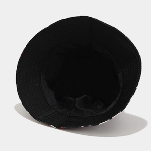 Inside view of black geometric twill cotton bucket hat with detailed stitching