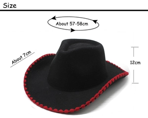 Detailed size guide for black western cowboy hat with red stitching and dimensions