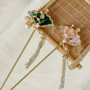 Bacchetta Per Capelli Stile Cinese Antico Forma Ventaglio Lega Fiore Lunga Nappa Accessorio Hanfu Perla Artificial Strass