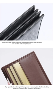 Detailed close-up of premium leather wallet showing black edge and brown interior card slots