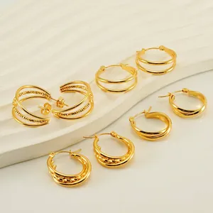 Minimalist C-Shape Hoop Earrings 18K Gold Plated Stainless Steel Multi Layer Geometric Twisted Jewelry For Women