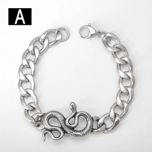 Macro shot of silver stainless steel curb chain bracelet with detailed snake relief