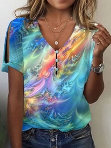 Women's V-neck cold shoulder t-shirt with vibrant abstract tie-dye print and decorative buttons