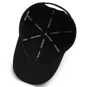 Classic black baseball cap featuring interior sweatband with brand printing and adjustable strap