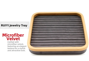 Bamboo jewelry tray with grey microfiber slots for rings and earrings display