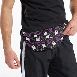 Halloween waist bag with ghost and purple moon print worn by model on white background