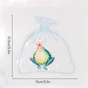 Transparent PVC drawstring storage bag with frog prince print and 13cm dimension labels