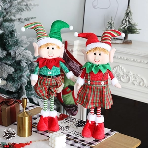 Christmas Elf Doll Retractable Plush Figurine Fabric Red Green Plaid Long Hat Festive Home Decoration Standing Ornament