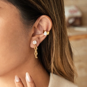 Minimalist gold tassel earrings and ear cuff with pear-cut zircon for women