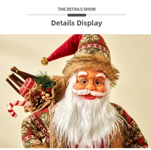 Close-up of Santa Claus doll featuring detailed white beard, glasses and red festive sweater