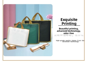 Macro detail of foldable matte shopping bags in black, green, and white with gold trim