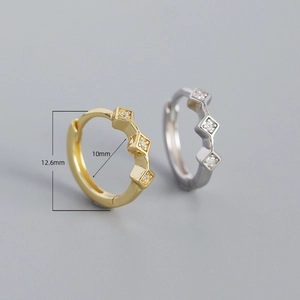 Retro geometric rhombus hoop earrings with zircon in s925 silver, 12.6mm outer diameter