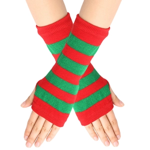 Detail of red and green striped knit fingerless gloves with arm sleeve thumb hole design