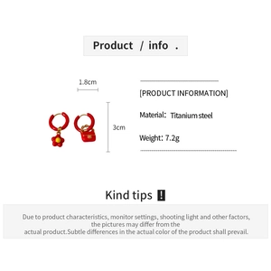 Detailed size and weight specs for asymmetric red flower and bag titanium earrings