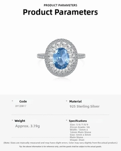 Detailed view of S925 sterling silver ring with oval blue zircon and pavé diamonds