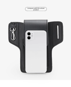 Detailed comparison of leather belt pouch size with a smartphone showing large capacity