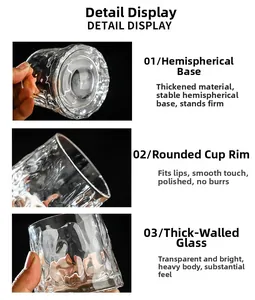 Detailed views of rotating whiskey glass with hammer texture and thick polished rim