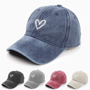 Washed Cotton Baseball Cap Heart Embroidery Retro Distressed Adjustable Sun Protection Outdoor Hat For Men And Women