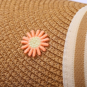 Detailed macro view of woven straw sun hat texture with embroidered floral daisy appliques