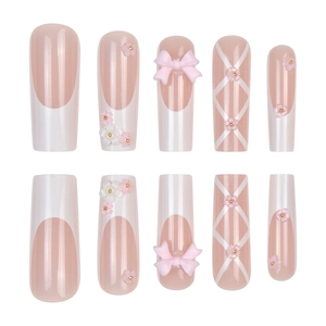 Faux ongles longs ballerine roses avec nœuds 3D et motifs floraux en kit