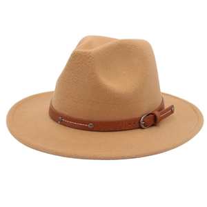 Classic camel wool fedora hat with a decorative brown faux leather studded belt trim