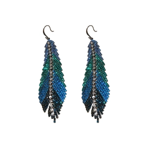 Elegant bohemian feather drop earrings with blue and green rhinestones in metallic setting
