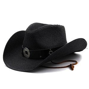 Classic black straw western cowboy hat with studded leather band and adjustable chin strap