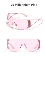 Detailed front and side view of Y2K rimless sunglasses in C5 Millennium Pink with studs