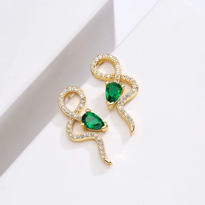 18K gold plated snake stud earrings with green pear-cut zircon and pavé crystals