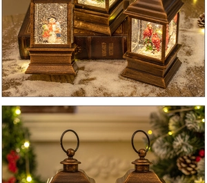 Close-up of vintage bronze Christmas lantern featuring snowman scene and warm lighting