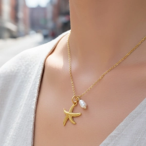 Elegant 18K gold plated starfish necklace with baroque pearl pendant for women