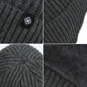 Thick grey ribbed knit beanie for men with snowflake logo and warm fleece lining for winter