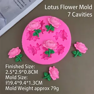 Pink lotus silicone mold with 7 cavities showing dimensions for wax and chocolate