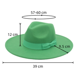 Detail view of a green wool fedora with ribbon bow and 9.5cm wide brim measurements