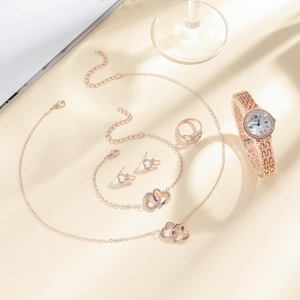 Elegant rose gold watch set with crystal heart jewelry necklace earrings and ring