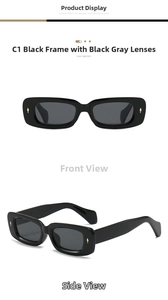 Front and side view of black rectangle sunglasses with gold arrow metal accents