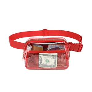 Detail view of red transparent PVC waist bag with mesh pocket and nylon strap