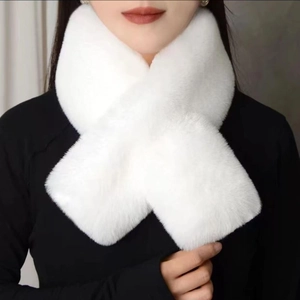 Minimalist white faux mink fur scarf for women shown on a model with fluffy texture