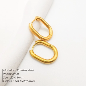 Macro shot of 14K gold plated 20x16mm oval hoop earrings in polished stainless steel