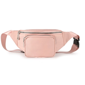 Close-up of pink water-resistant waist bag featuring metal zippers and dual compartments