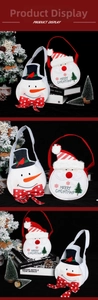 Detailed views of festive snowman and Santa Claus felt gift bags with carry handles