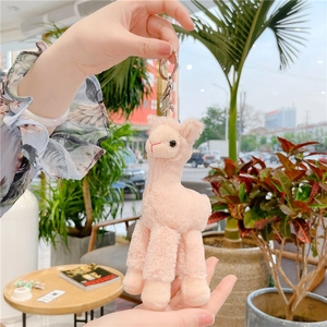 Pink plush alpaca keychain with fluffy fur and metal ring for bag decoration