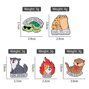 Five cute animal enamel pins featuring a turtle and otter with dimensions and weight