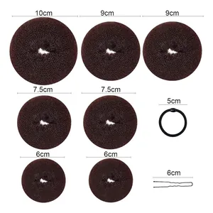 Hair styling set dimensions showing donut buns from 6cm to 10cm and U-shaped hair pins