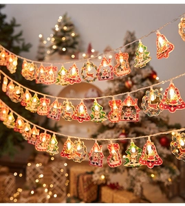 Macro detail of LED Christmas lights featuring snowman, reindeer, and tree ornaments