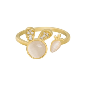 Bague ouverte plaquée or avec un lapin mignon en œil de chat et motif carotte