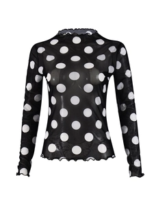 Detail von transparentem Mesh-Oberteil mit Polka Dots, Stehkragen und Rüschenkante